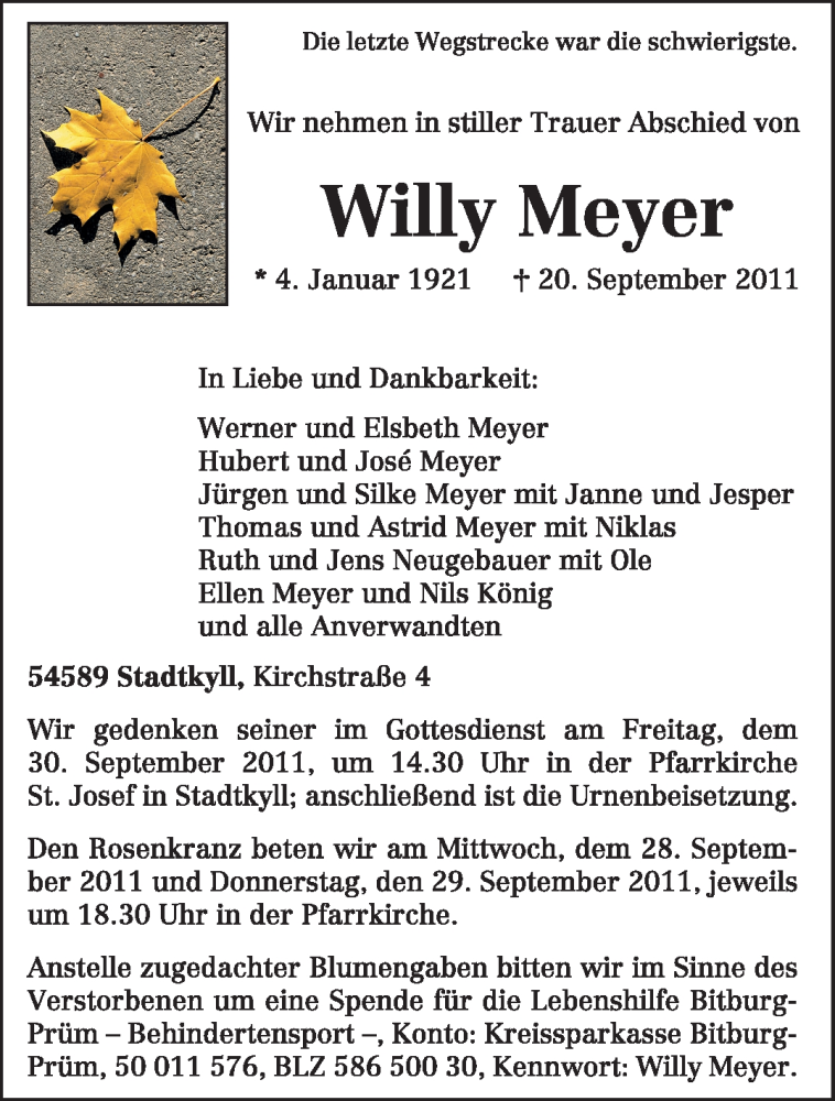 Traueranzeigen Von Willy Meyer Volksfreund Trauer De