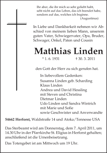 Traueranzeigen Von Matthias Linden Volksfreund Trauer De