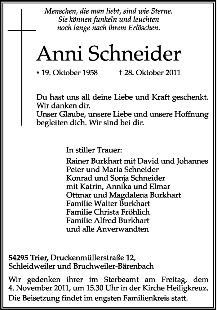  Traueranzeige für Anni Schneider vom 01.11.2011 aus TRIERISCHER VOLKSFREUND