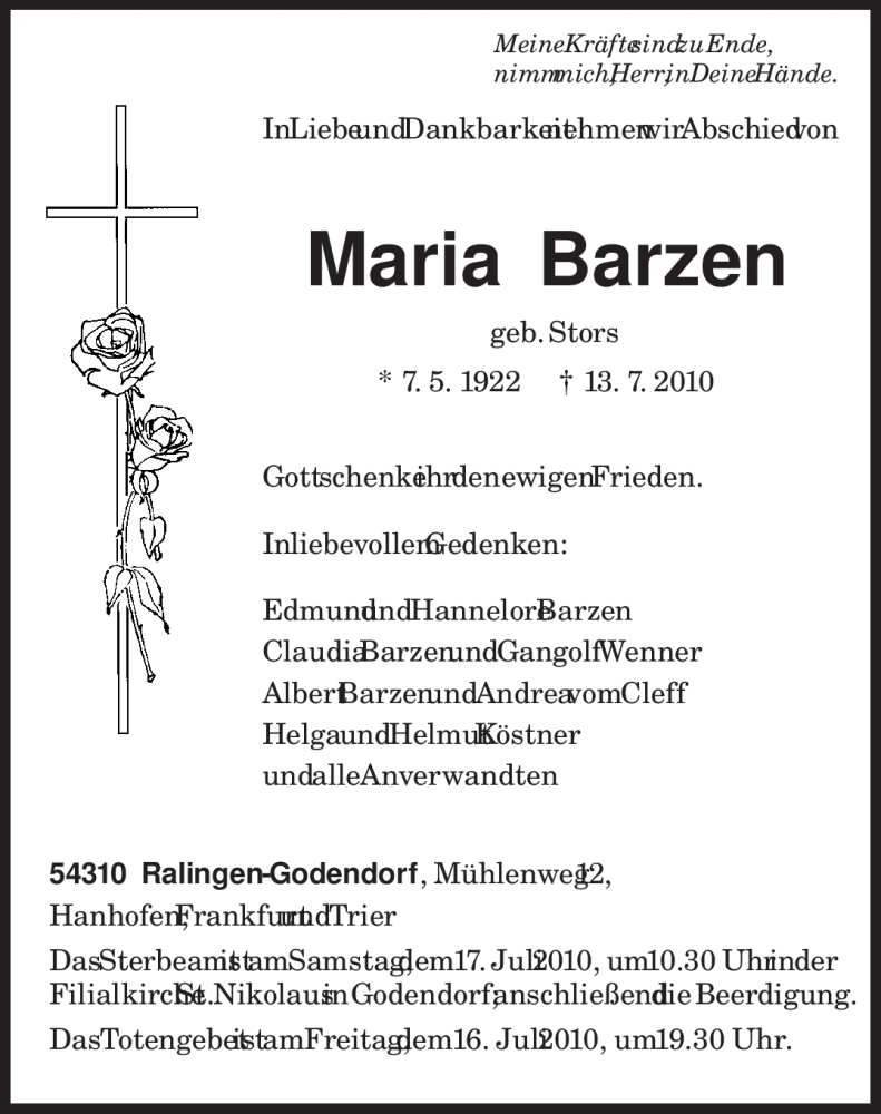 Traueranzeigen Von Maria Barzen Volksfreund Trauer De