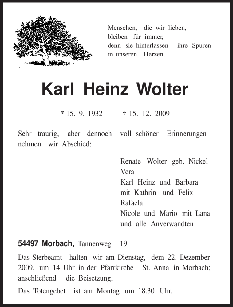 Traueranzeigen Von Karl Heinz Wolter Volksfreund Trauer De