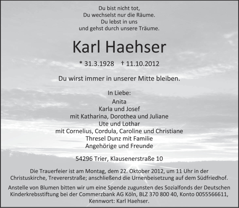 Traueranzeige für Karl Haehser vom 16.10.2012 aus TRIERISCHER VOLKSFREUND