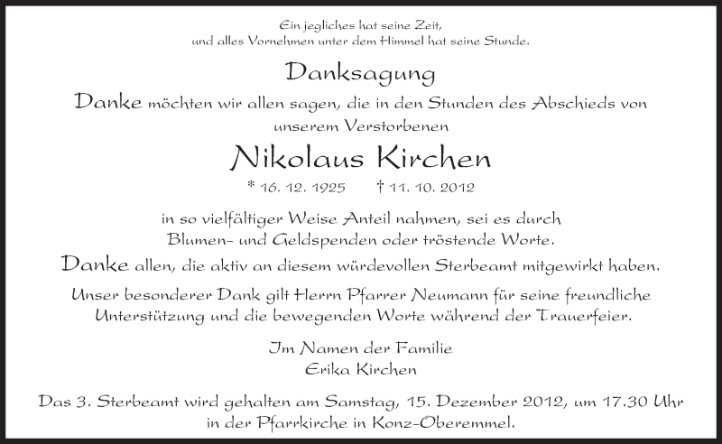 Traueranzeigen Von Nikolaus Kirchen Volksfreund Trauer De