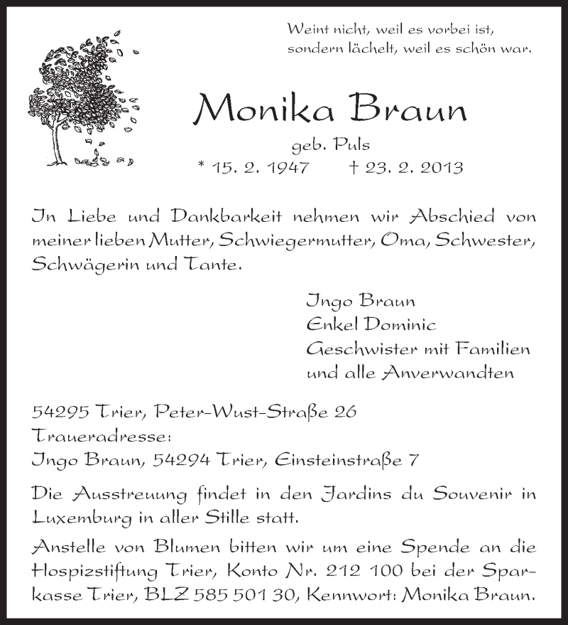  Traueranzeige für Monika Braun vom 26.02.2013 aus TRIERISCHER VOLKSFREUND