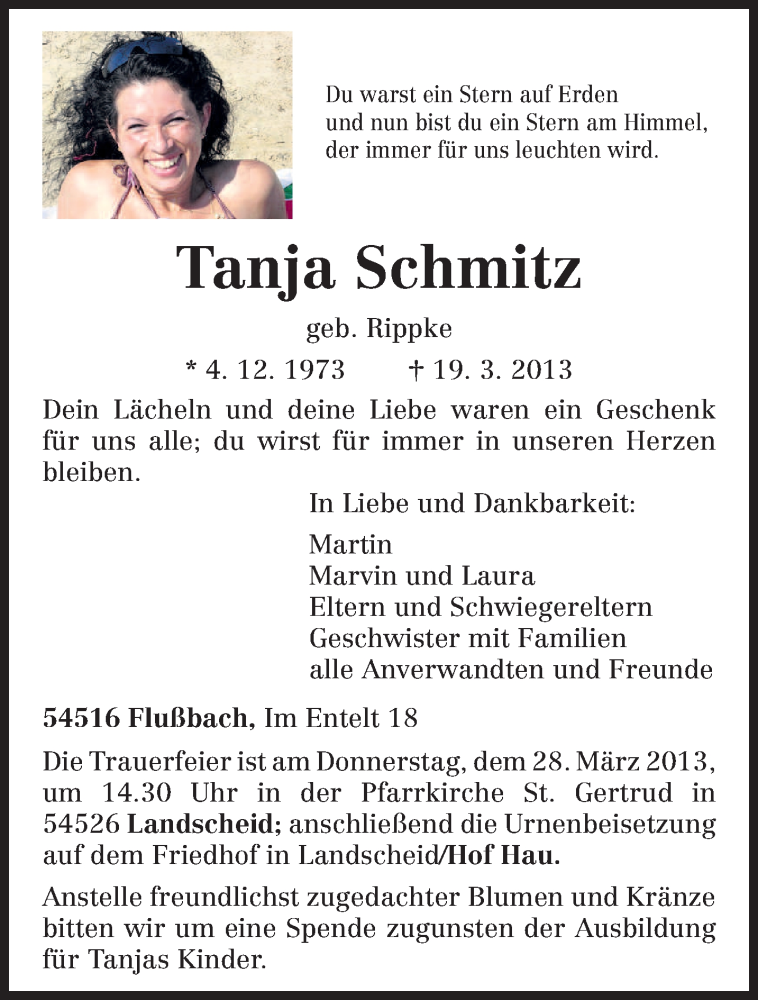  Traueranzeige für Tanja Schmitz vom 23.03.2013 aus TRIERISCHER VOLKSFREUND