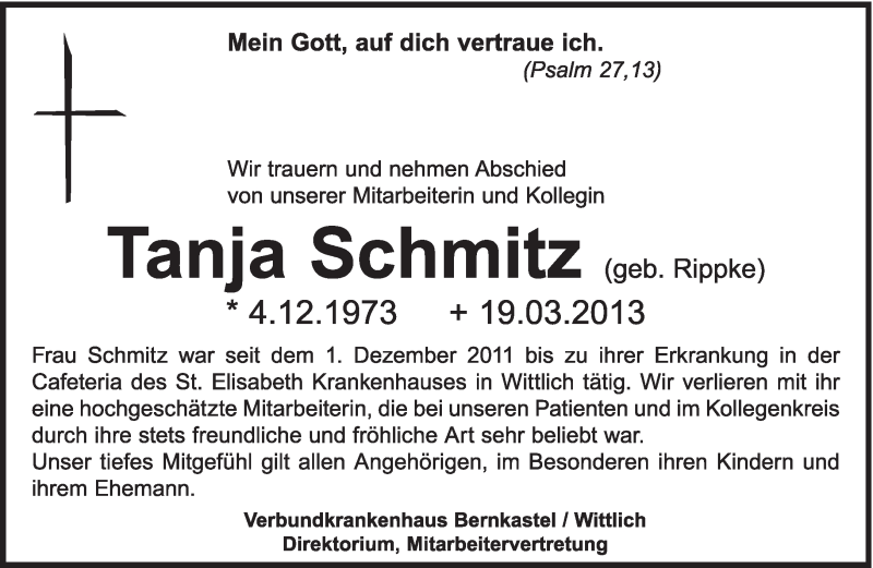  Traueranzeige für Tanja Schmitz vom 23.03.2013 aus TRIERISCHER VOLKSFREUND