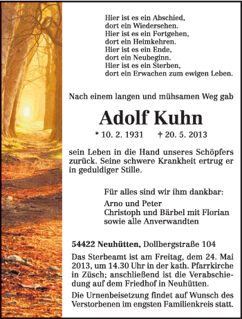 Traueranzeige von Adolf Kuhn von TRIERISCHER VOLKSFREUND