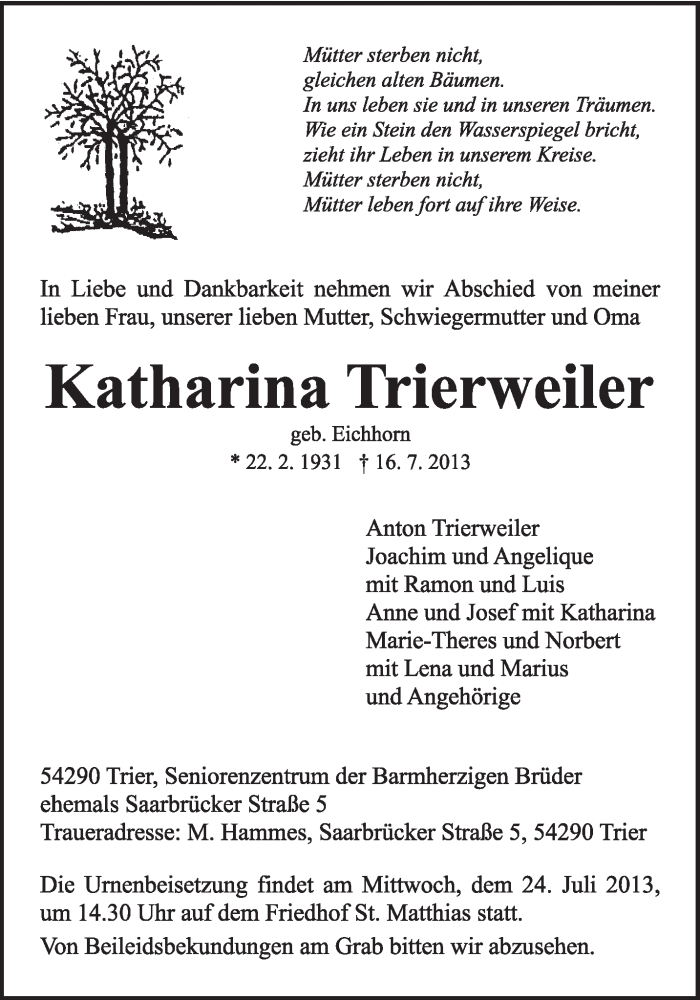  Traueranzeige für Katharina Trierweiler vom 20.07.2013 aus TRIERISCHER VOLKSFREUND