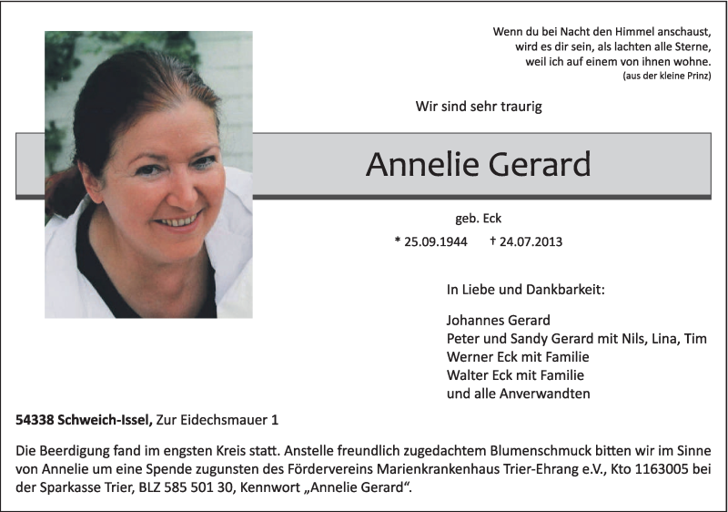  Traueranzeige für Annelie Gerard vom 30.07.2013 aus TRIERISCHER VOLKSFREUND