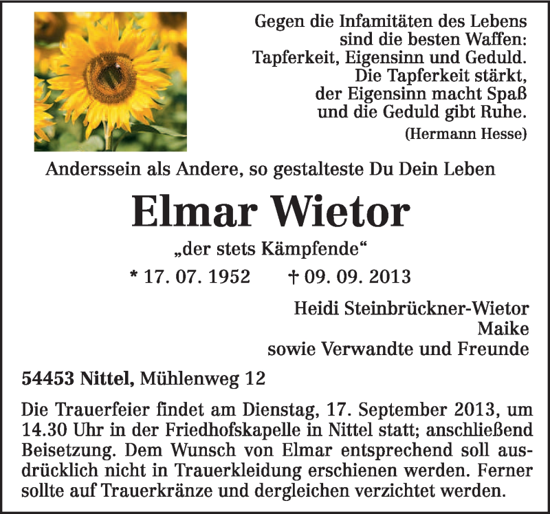  Traueranzeige für Elmar Wietor vom 14.09.2013 aus TRIERISCHER VOLKSFREUND