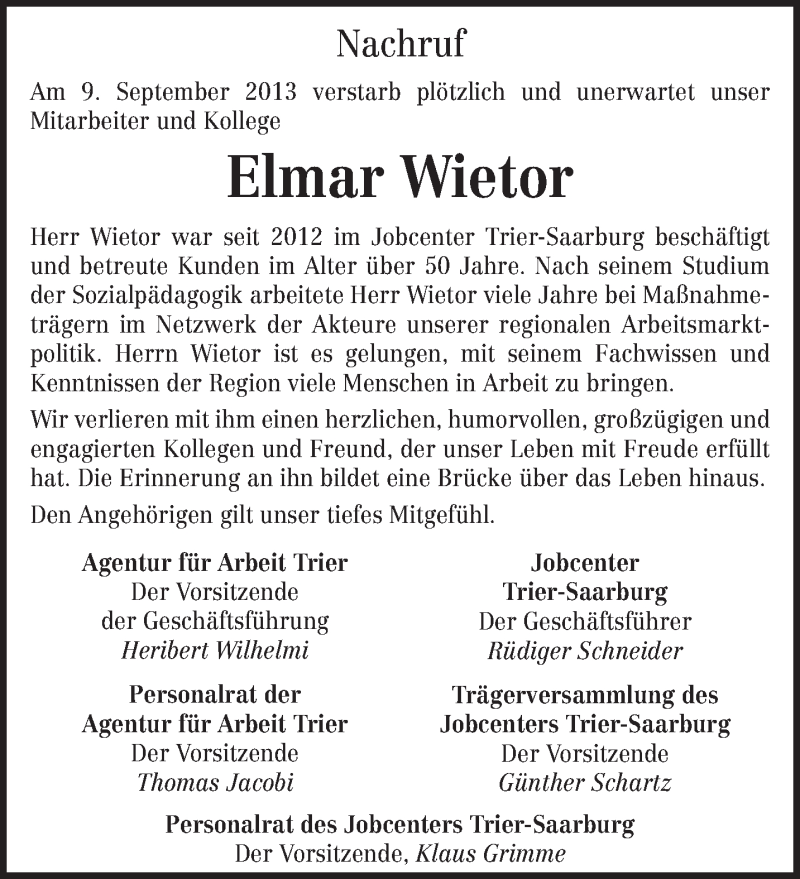  Traueranzeige für Elmar Wietor vom 14.09.2013 aus TRIERISCHER VOLKSFREUND