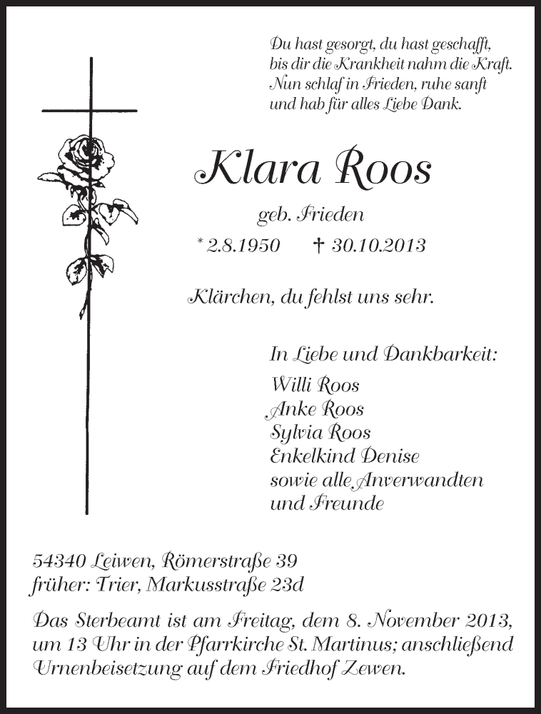  Traueranzeige für Klara Roos vom 04.11.2013 aus trierischer_volksfreund