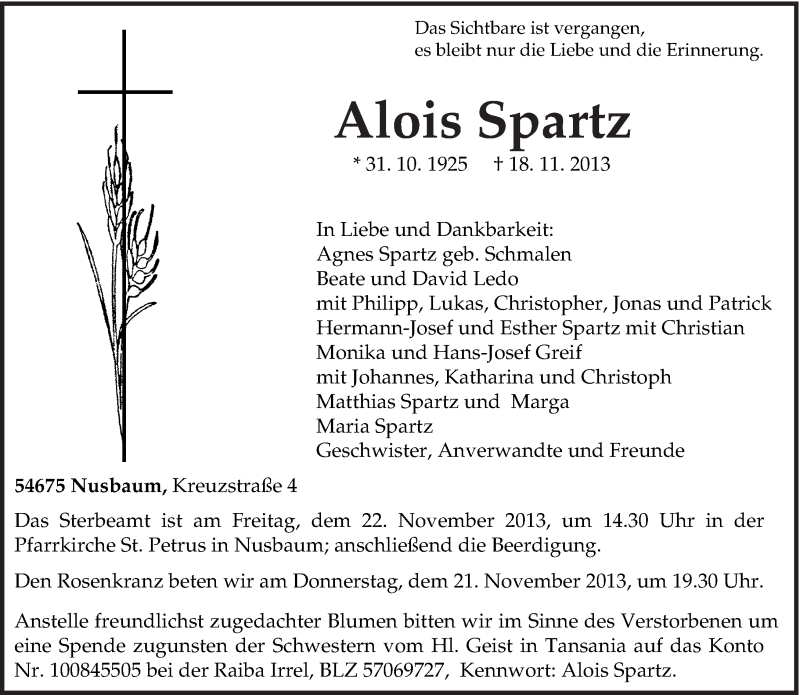  Traueranzeige für Alois Spartz vom 20.11.2013 aus trierischer_volksfreund