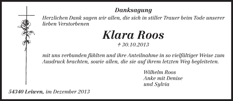  Traueranzeige für Klara Roos vom 14.12.2013 aus trierischer_volksfreund