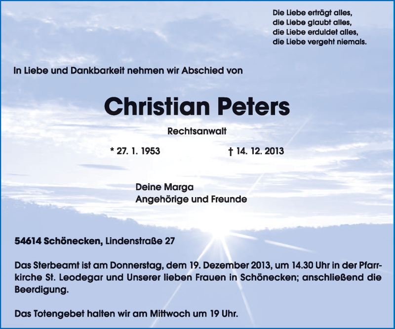  Traueranzeige für Christian Peters vom 16.12.2013 aus trierischer_volksfreund