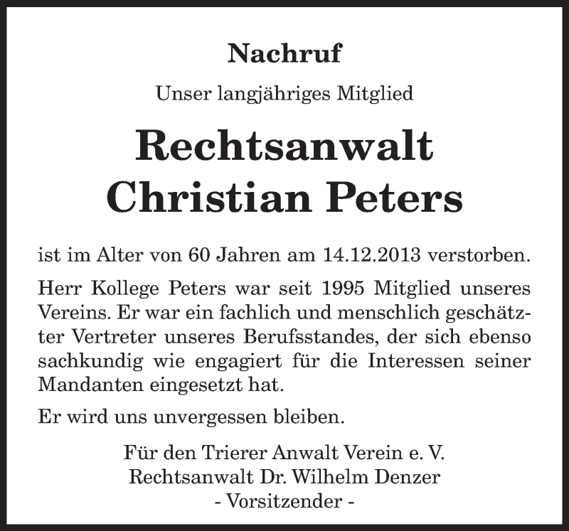  Traueranzeige für Christian Peters vom 17.12.2013 aus trierischer_volksfreund