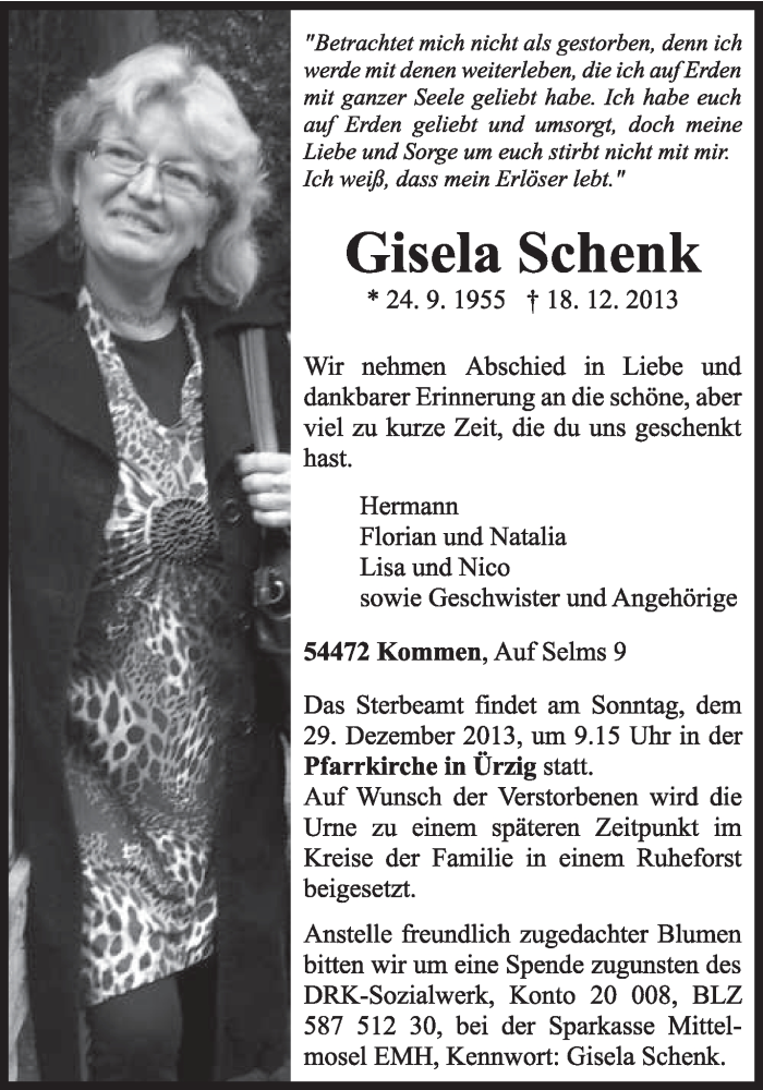 Traueranzeigen Von Gisela Schenk Volksfreund Trauer De