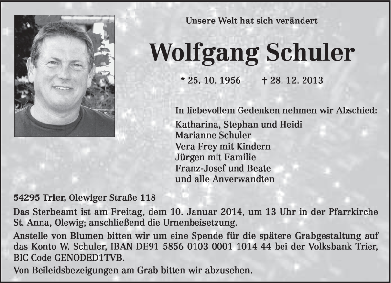  Traueranzeige für Wolfgang Schuler vom 04.01.2014 aus trierischer_volksfreund