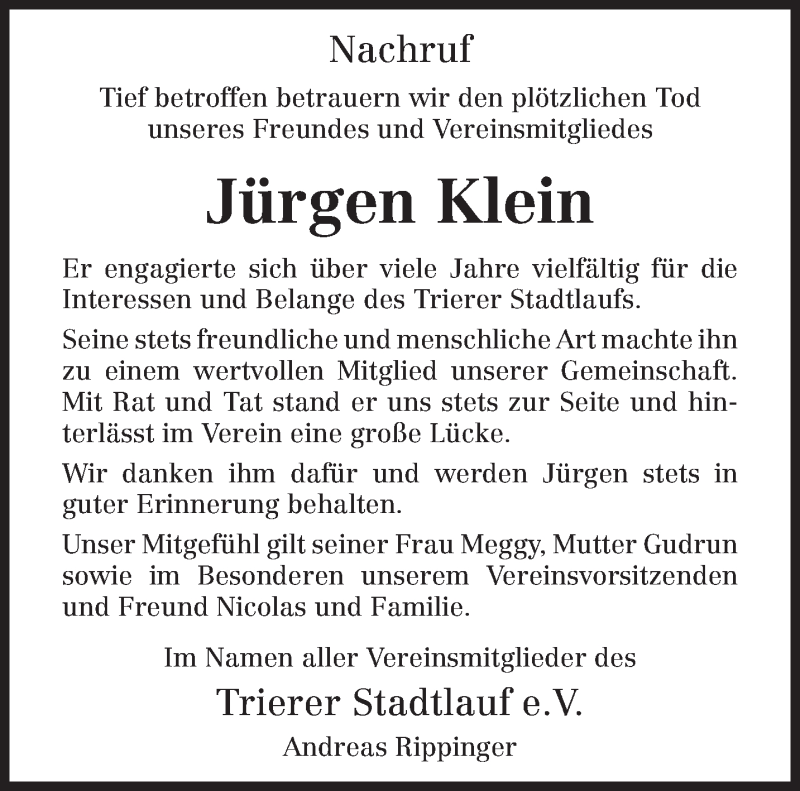  Traueranzeige für Jürgen Klein vom 07.01.2014 aus trierischer_volksfreund