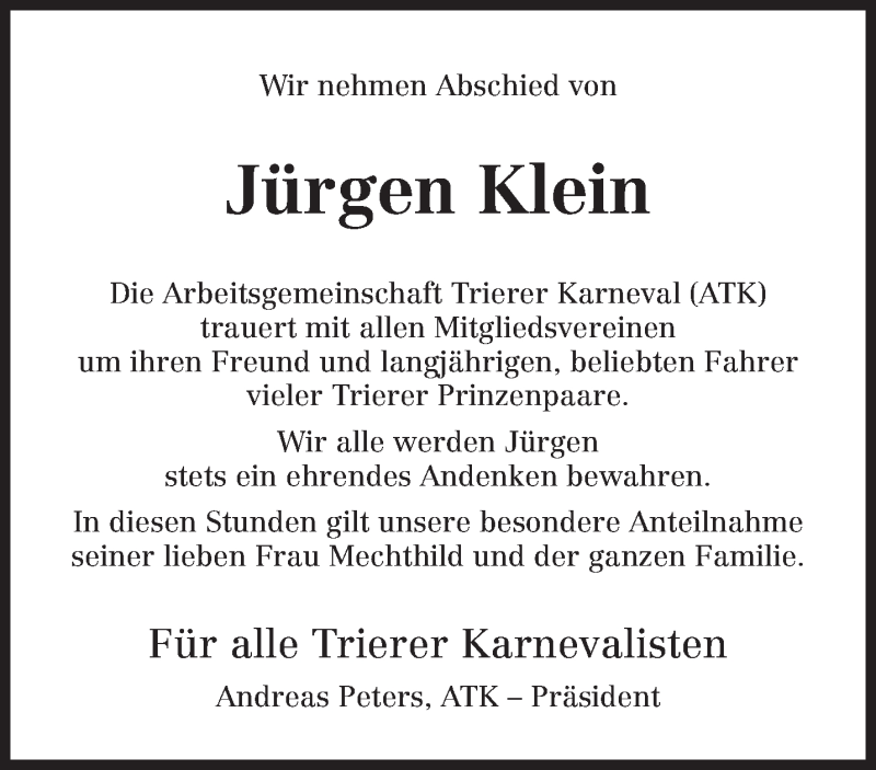  Traueranzeige für Jürgen Klein vom 08.01.2014 aus trierischer_volksfreund