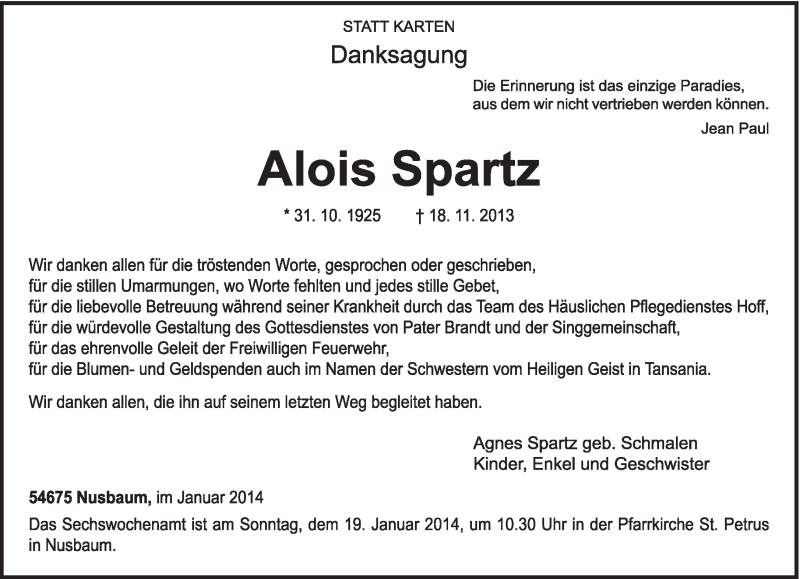  Traueranzeige für Alois Spartz vom 11.01.2014 aus trierischer_volksfreund