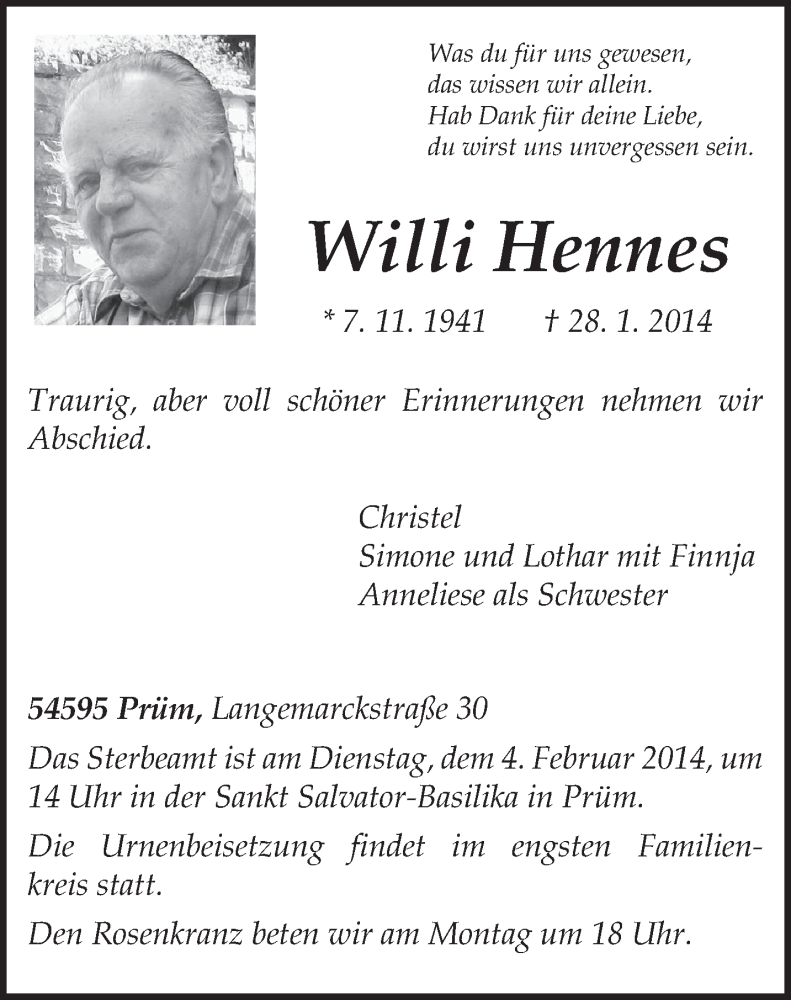 Traueranzeigen Von Willi Hennes Volksfreund Trauer De