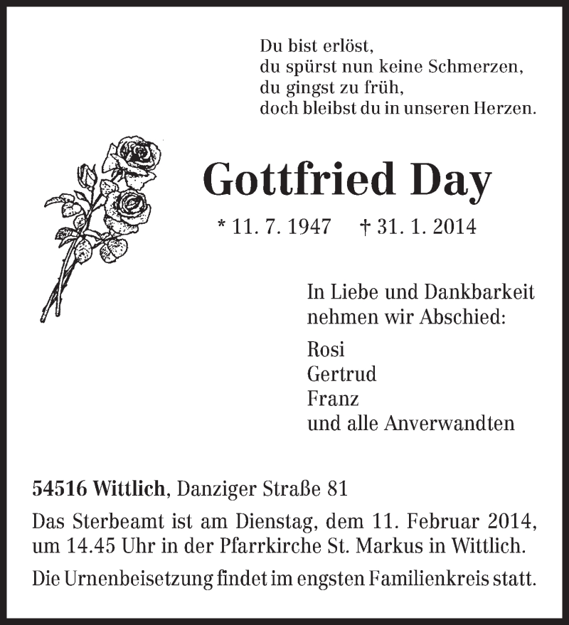 Traueranzeigen Von Gottfried Day Volksfreund Trauer De