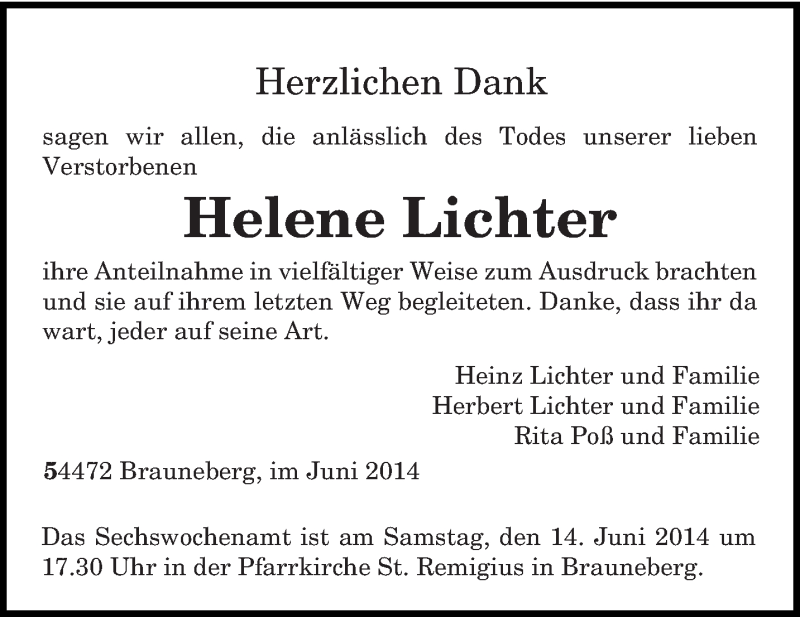 Traueranzeigen Von Helene Lichter Volksfreund Trauer De