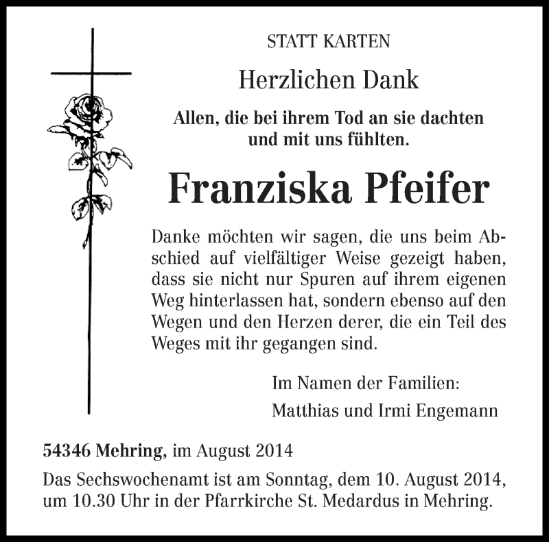 Traueranzeigen Von Franziska Pfeifer Volksfreund Trauer De