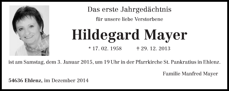 Traueranzeigen Von Hildegard Mayer Volksfreund Trauer De