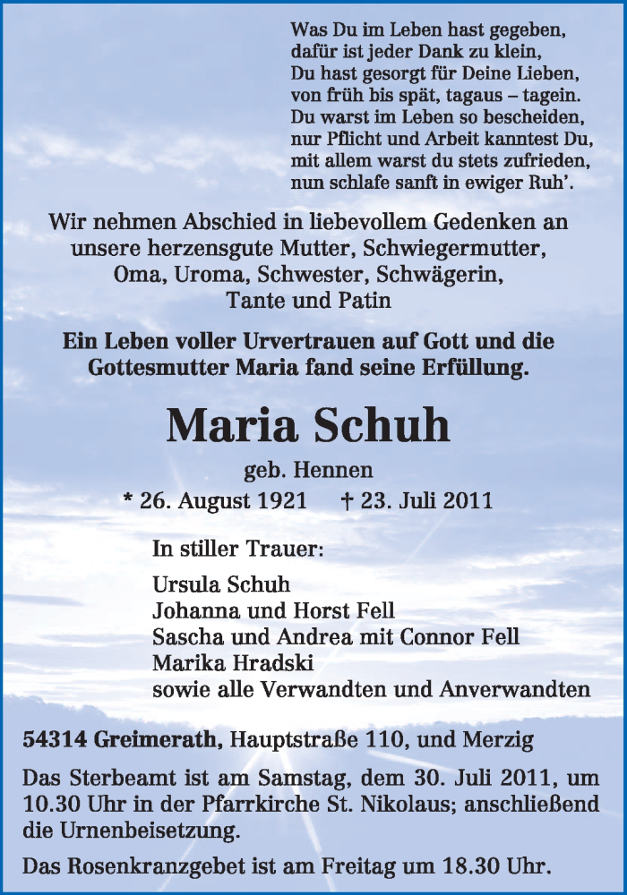  Traueranzeige für Maria Schuh vom 27.07.2011 aus TRIERISCHER VOLKSFREUND