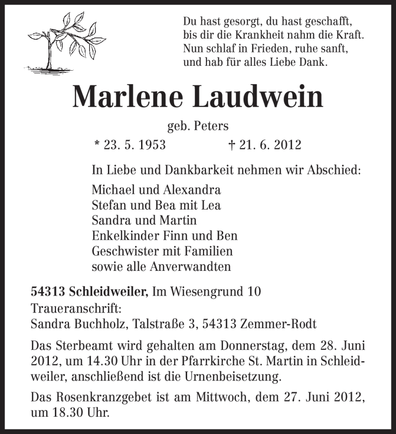 Traueranzeigen Von Marlene Laudwein Volksfreund Trauer De