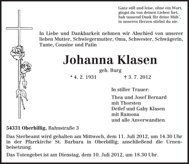 Traueranzeigen Von Johanna Klasen Volksfreund Trauer De