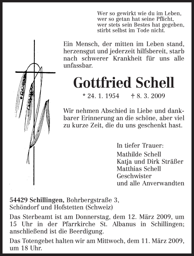 Traueranzeigen Von Gottfried Schell Volksfreund Trauer De