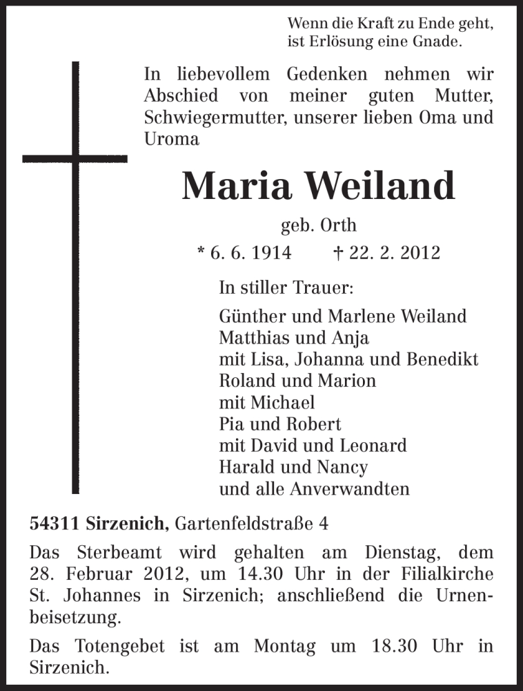 Traueranzeigen Von Maria Weiland Volksfreund Trauer De