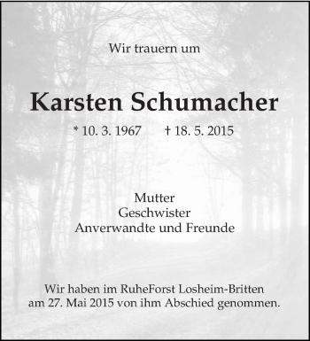 Traueranzeigen Von Karsten Schumacher Volksfreund Trauer De