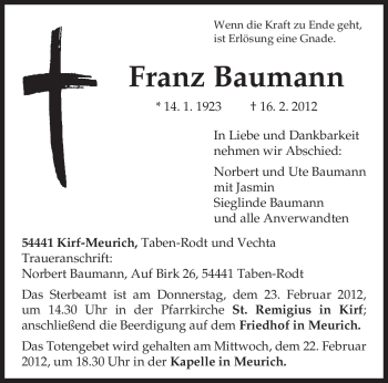 Traueranzeigen Von Franz Baumann Volksfreund Trauer De