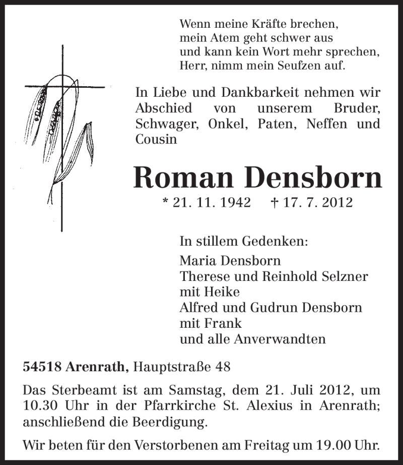 Traueranzeigen Von Roman Densborn Volksfreund Trauer De