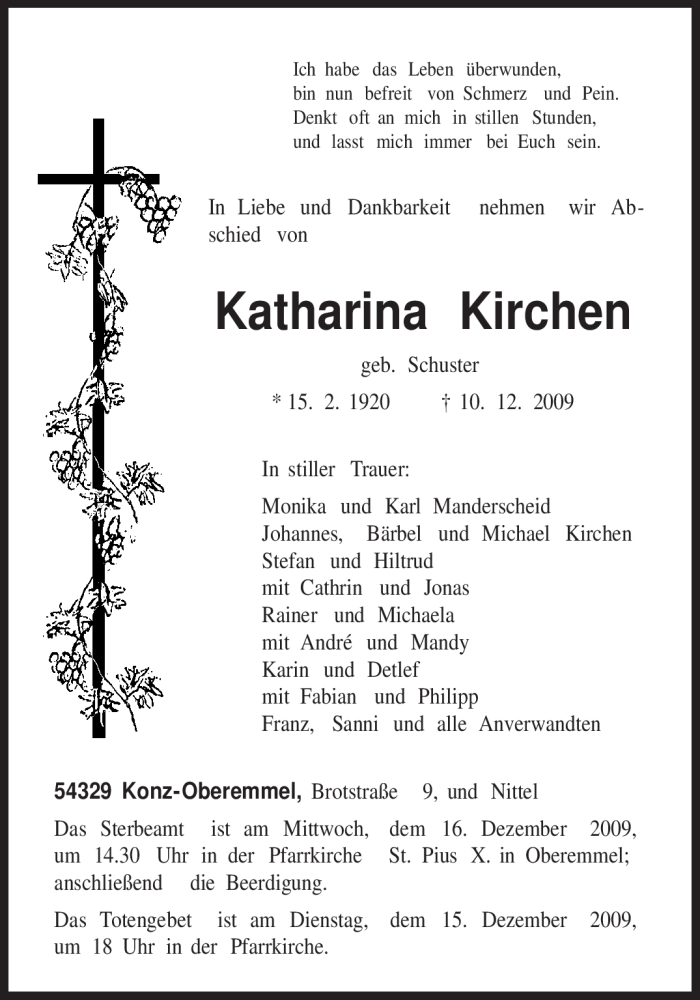 Traueranzeigen Von Katharina Kirchen Volksfreund Trauer De