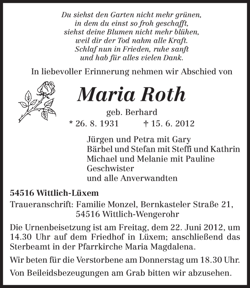 Traueranzeigen Von Maria Roth Volksfreund Trauer De