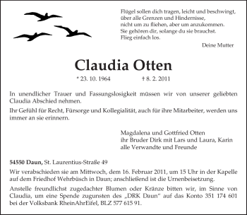 Traueranzeigen Von Claudia Otten Volksfreund Trauer De