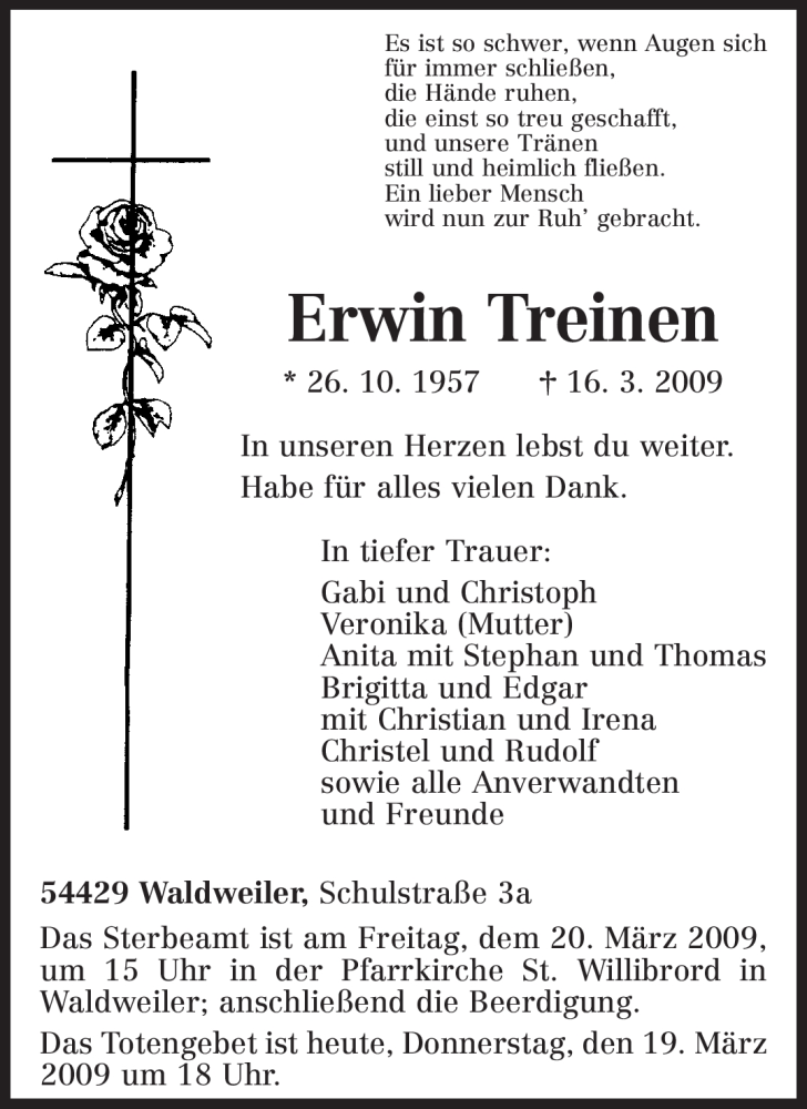 Traueranzeigen Von Erwin Treinen Volksfreund Trauer De