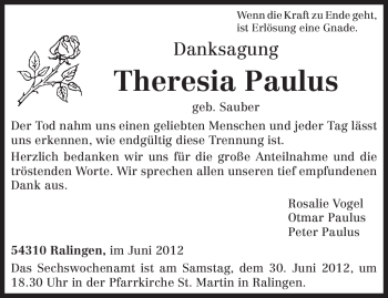 Traueranzeige von Theresia Paulus von TRIERISCHER VOLKSFREUND