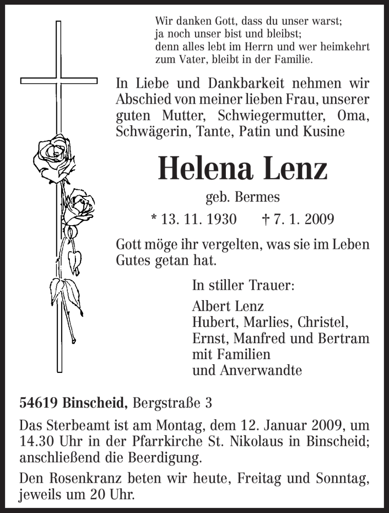 Traueranzeigen Von Helena Lenz Volksfreund Trauer De