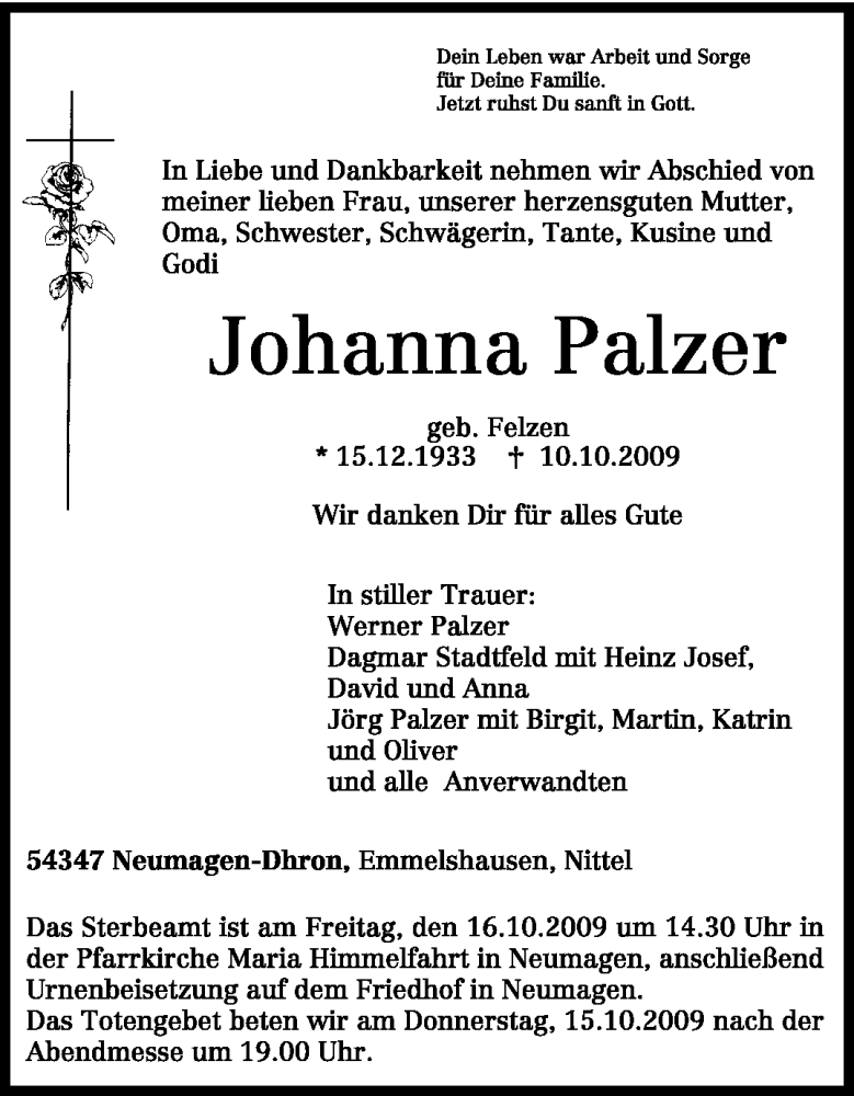 Traueranzeigen Von Johanna Palzer Volksfreund Trauer De