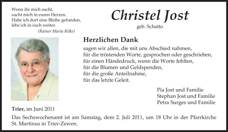 Traueranzeigen Von Christel Jost Volksfreund Trauer De