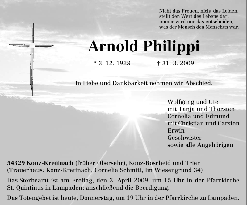 Traueranzeigen Von Arnold Philippi Volksfreund Trauer De