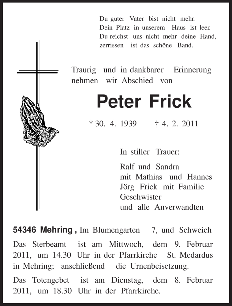 Traueranzeigen Von Peter Frick Volksfreund Trauer De