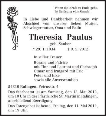 Traueranzeige von Theresia Paulus von TRIERISCHER VOLKSFREUND