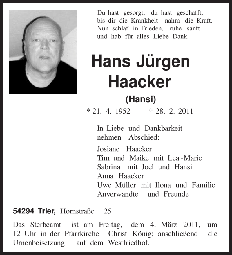 Traueranzeigen von Hans Jürgen Haacker Volksfreund Trauer de